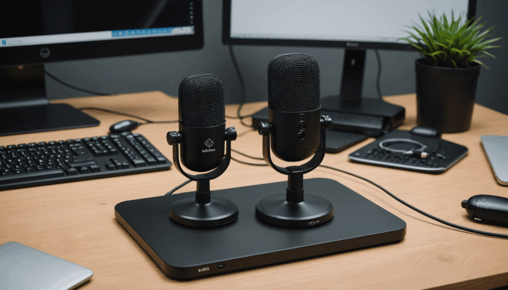 USB接続のPCマイクがスタンドに取り付けられ、ゲーム実況を行っている様子。単一指向性で高音質な音声をクリアに収音し、ノイズを軽減するおすすめのアイテム。