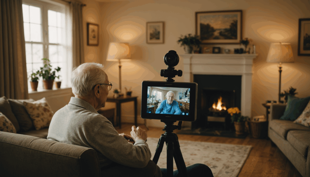 高齢者が居心地の良いリビングで見守りカメラを使用している様子。安全とテクノロジーを重視した温かい雰囲気が漂っています。