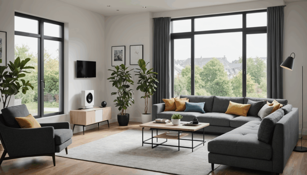 スマートホームのデバイスが配置された居心地の良いリビングルームの写真。SwitchBotや自動カーテン、スマートハブを使った生活の様子が見える。