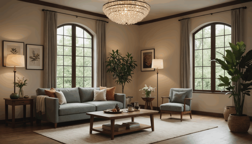 穏やかなセラピーセッションの写真。前世療法を受けるための心地よいソファと柔らかな光、リラックスできる自然の風景が描かれている。