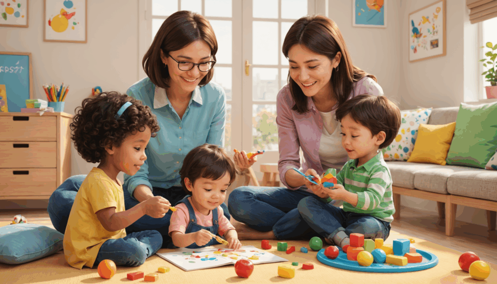 病児保育のベビーシッターが体調不良のお子さまと遊びながら、安心感を与えている様子を描いたイラスト。