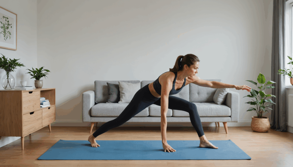 自宅で運動をしている人の写真。ストレッチやヨガを行い、健康習慣を取り入れた心地よい空間で、リラックスした雰囲気を醸し出しています