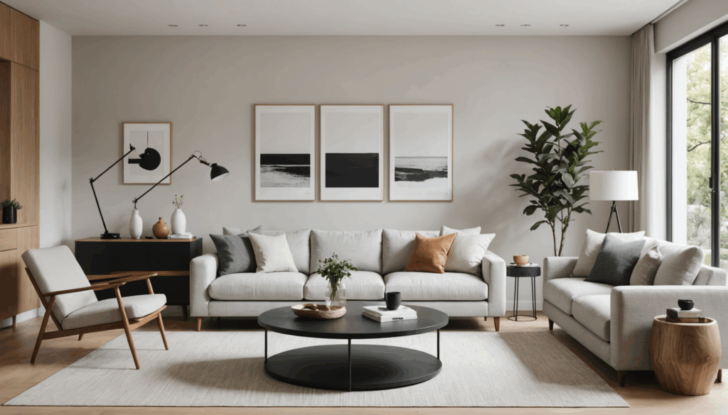 ミニマリストの生活空間の写真。クリーンなラインとニュートラルカラーで、リラックスを促す必要な物だけが配置されている様子。