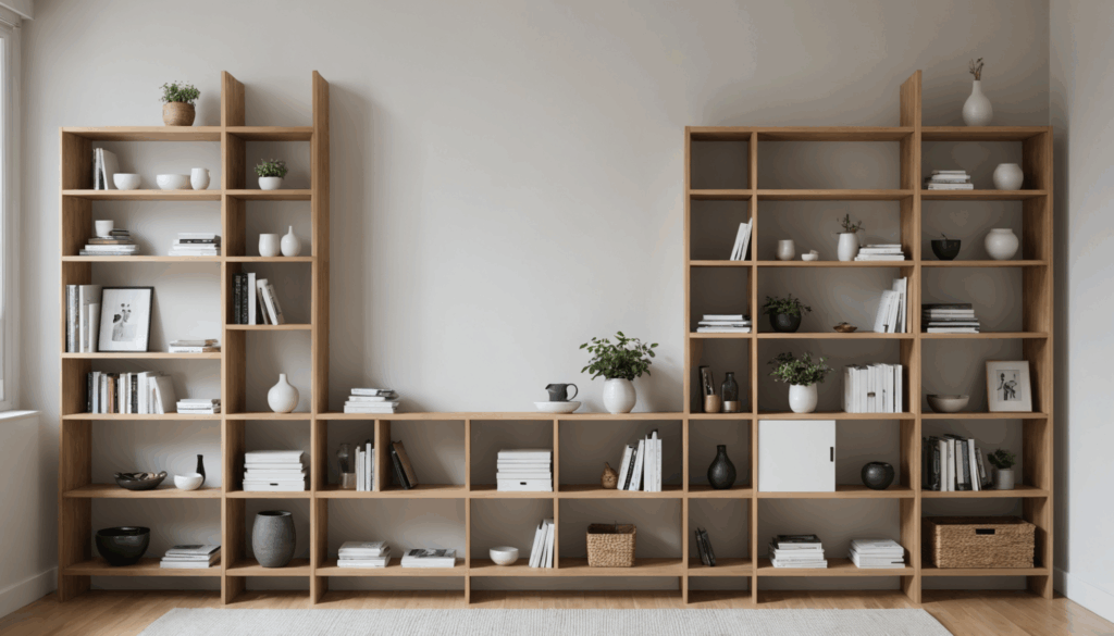 スッキリとした美しいインテリアの部屋で、空の棚が整然と配置され、断捨離のメリットと心の整理を強調した雰囲気が漂っています。