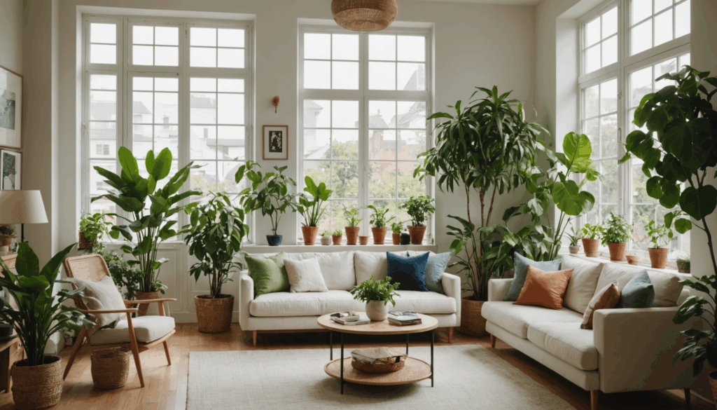 明るく緑豊かなリビングの写真。丸い葉の観葉植物が配置され、窓から自然光が差し込み、心地よい空間を演出している様子。