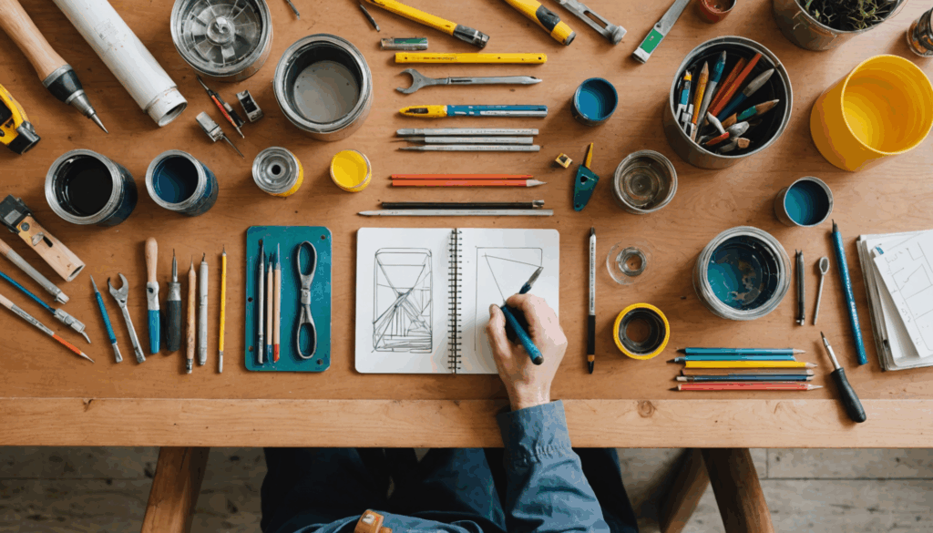 明るく整理された作業スペースの写真。初心者向けのDIYプロジェクト用に、木製テーブルやハンマー、ドライバー、カラフルな塗料缶、設計図が並んでいる様子。