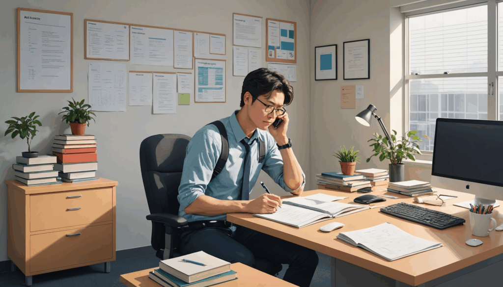 新しい環境への適応によるストレスを表現したイラストで、疲れや不安、リラックスの重要性を示しています。5月病や自律神経の症状に関連する要素が含まれています。