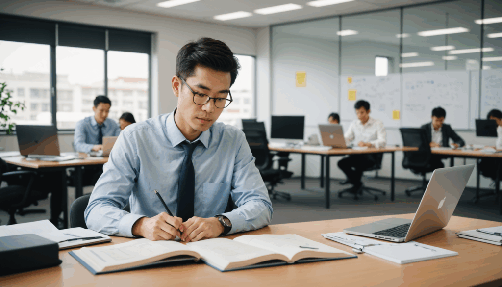 自己成長を象徴する画像で、学びや成長を表す本や卒業帽、テクノロジー関連の要素が描かれています。年収や転職に役立つスキルの向上をイメージしやすい内容です。