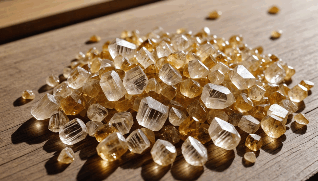 美しいルチルクォーツのクリスタルが木製のデスクに散りばめられ、自然光に照らされている様子。ルチルクォーツは金運や仕事運を引き寄せるパワーストーンとして知られています。