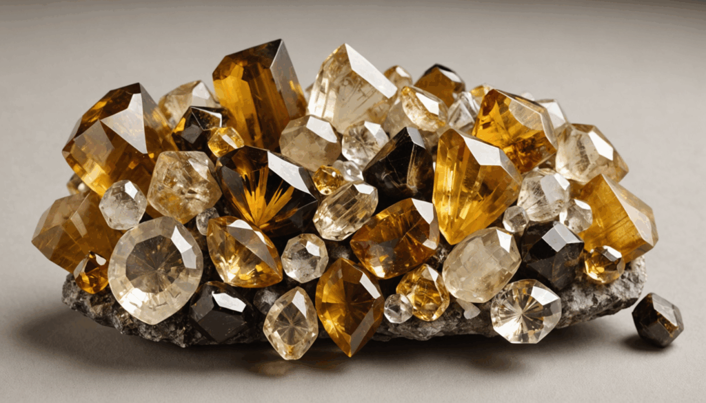 シトリン、タイガーアイ、ルチルクォーツの美しいパワーストーンの配置で、自然な色合いや質感を引き立てた写真。金運や財運を象徴するアクセサリーとしての魅力が感じられる。