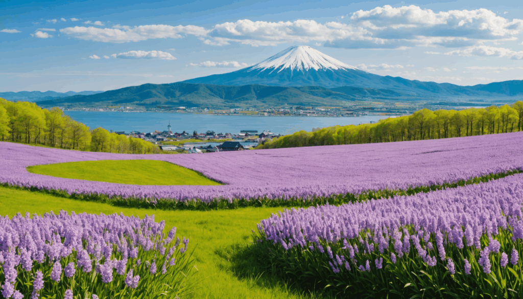 春の北海道の風景。花が咲き誇る穏やかな雰囲気で、国内旅行のオフシーズンに訪れる旅行者に最適な場所を表現