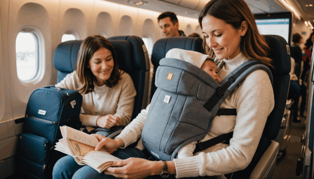 赤ちゃん連れの旅行必需品を紹介する写真。ベビーキャリアやストローラー、授乳カバー、収納用品が柔らかな照明の中で並んでいる様子。