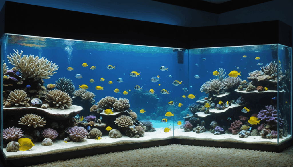 東京のアクアパーク内の静かな水槽の写真。色とりどりの海の生き物が泳ぎ、リフレッシュできる癒しの場所を演出している