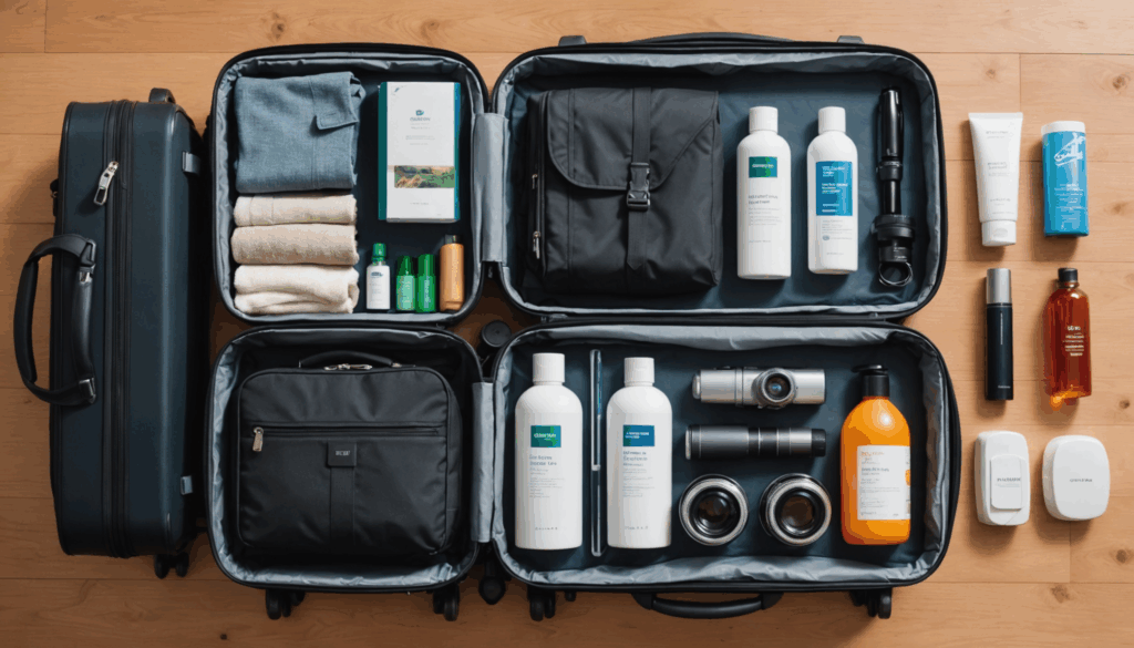 スーツケースに整然と収められた旅行の持ち物。異なる気候に対応する衣類や便利なガジェット、医薬品が含まれている。