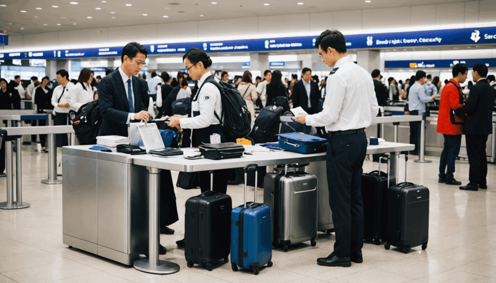 空港の保安検査場の写真。旅行者が手荷物を整理し、液体や電子機器を準備している様子
