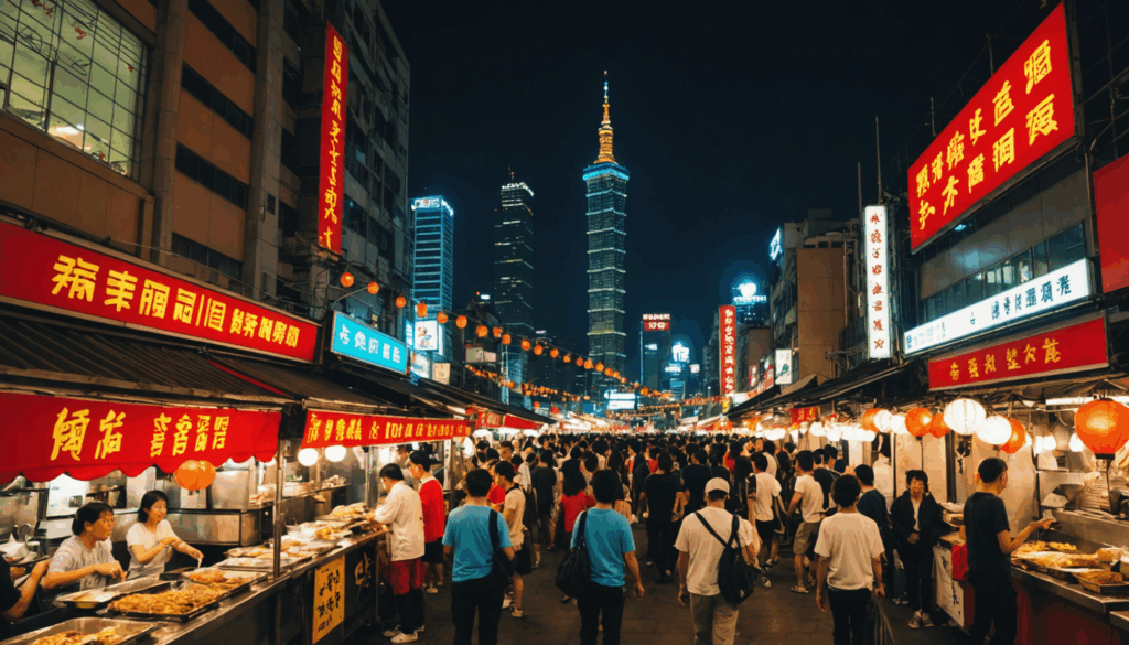 台北の夜市の写真。台湾のグルメを楽しむ人々と背景にそびえる台北101が映る、賑やかな雰囲気の様子