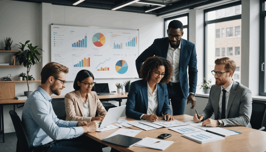 多様なプロフェッショナルが現代的なオフィスで協力している様子を描いた写真。ビジネスにおけるマインドセットの重要性や成長型マインドセットを象徴する要素が含まれています。