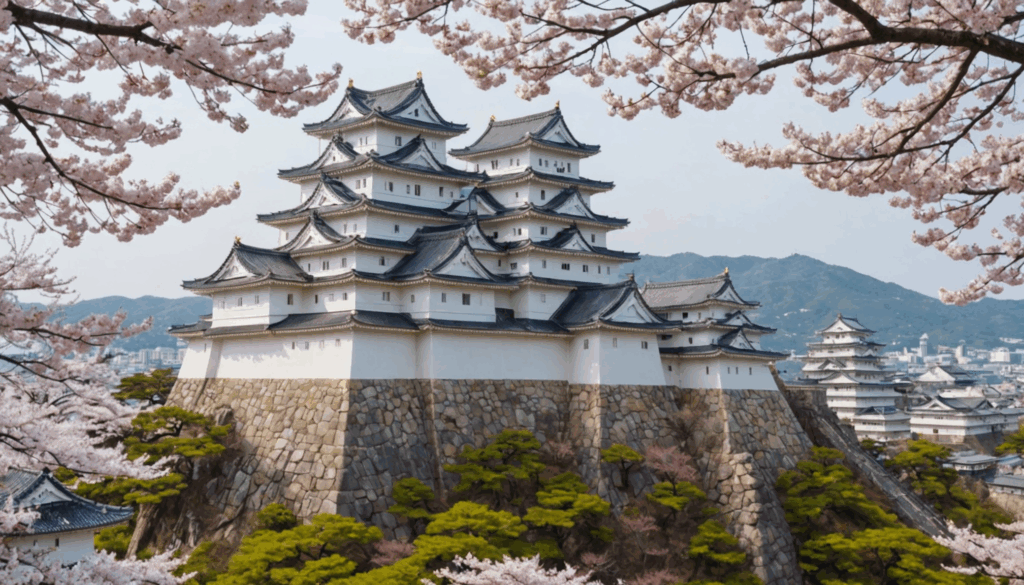 姫路城と富士山を背景にした、日本の歴史的な世界遺産を囲む美しい自然風景の写真。観光スポットとしての魅力が感じられる。