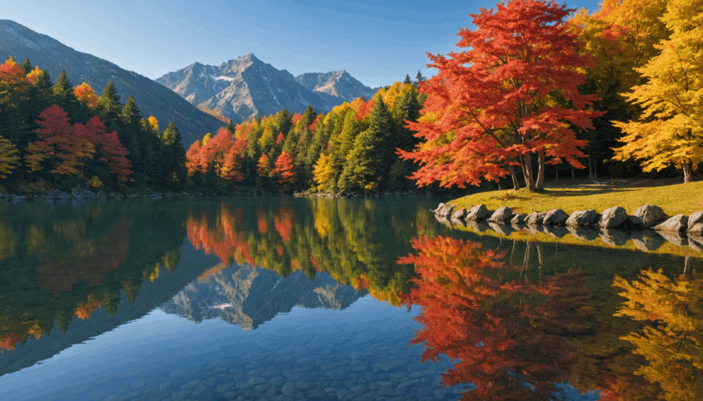 日本の美しい秋の紅葉の風景。大雪山や京都の嵐山を背景に、鮮やかな赤とオレンジの葉が彩る自然の景観を楽しむ様子