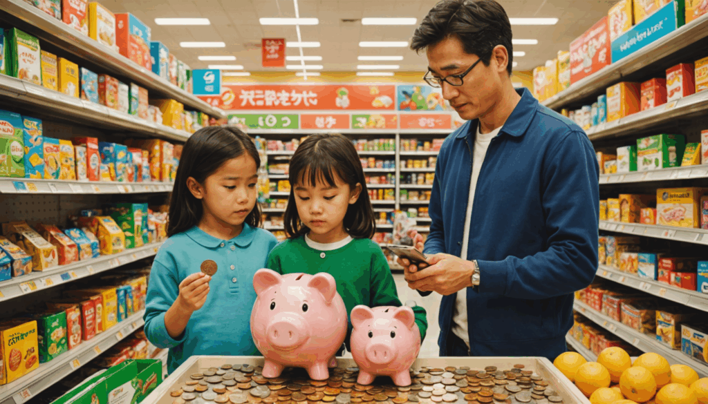 子どもが親と一緒にスーパーマーケットでお金の使い方を学び、別の子どもが貯金箱にコインを入れている様子