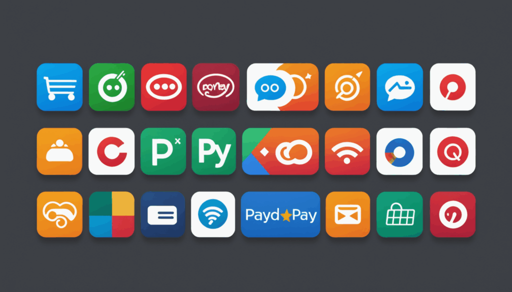 人気のキャッシュレス決済アプリのロゴを比較した画像で、PayPay、LINE Pay、楽天ペイ、Apple Pay、Google Payのアイコンが魅力的に配置されています