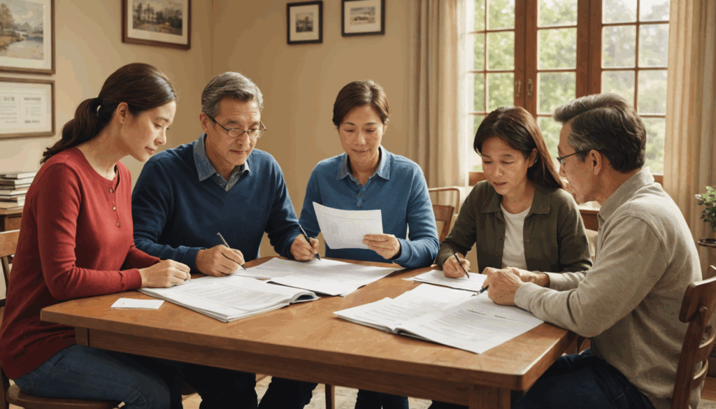 家族がテーブルで保険の見直しを行い、生命保険の重要性を確認している様子を描いたイラスト