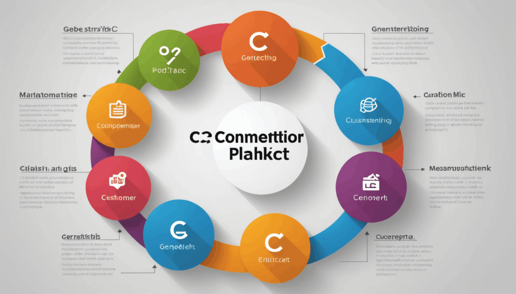 3C分析（顧客、競合、企業）と4Pマーケティングミックス（商品、価格、プロモーション、場所）を視覚的に表現したイラスト。マーケティング戦略を理解するためのビジュアルコンテンツ。