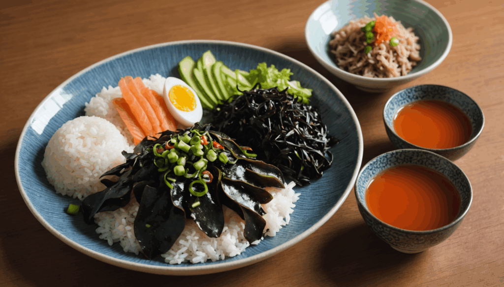 "1. ひじきときんぴらごぼうの盛り付け写真。栄養バランスを考えた作り置きおかずとしてご飯と共に楽しむ様子。 2. ズッキーニ、ナス、パプリカを使った色鮮やかなラタトゥイユの写真。冷蔵保存できる常備菜として、健康的な食事の一品。 3. カリッと揚げた鶏肉と黄金色のポテトパンケーキのお弁当の写真。簡単に作れる作り置きおかずとして、日持ちも良い。