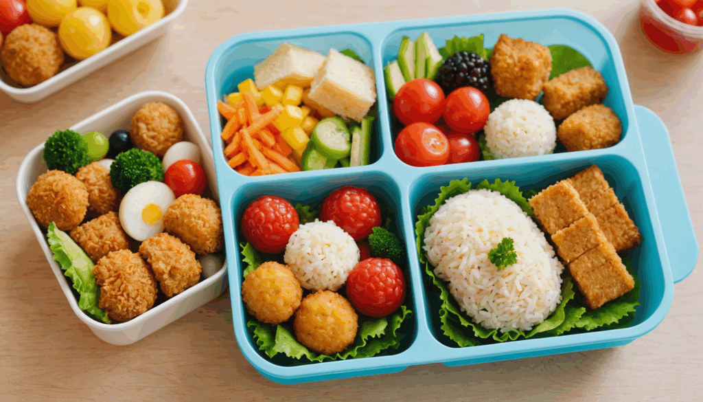 2歳向けのお弁当の写真。小さなおにぎりやカラフルなサンドイッチ、食べやすいポテトボールやチキンナゲットが楽しく盛り付けられている様子