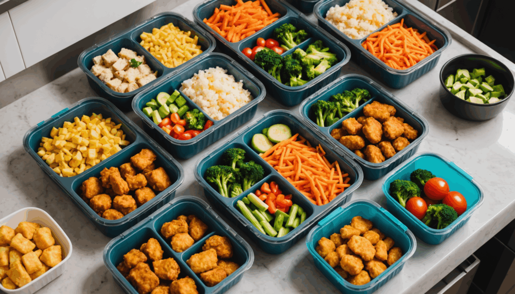 整然としたキッチンの写真。冷凍食品やおかずを使った、子ども向けの食べやすいお弁当の準備が効率的に行われている様子