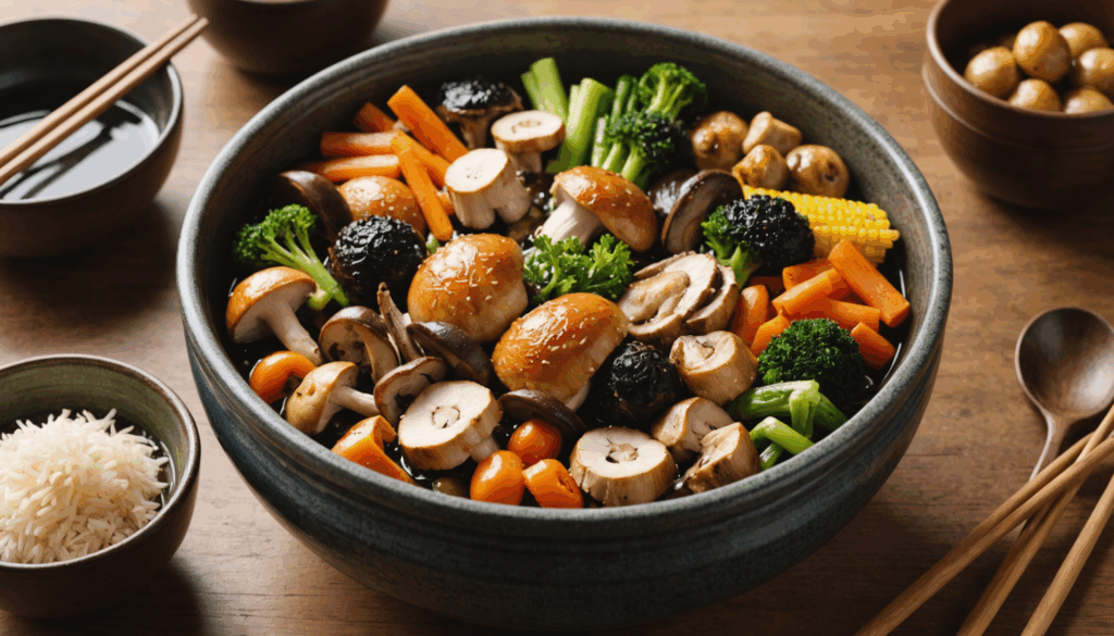 群馬の美しい自然を背景に、色とりどりの地元食材を使った「峠の釜めし」が陶器の鍋に盛り付けられた写真。ご当地グルメの魅力が感じられます