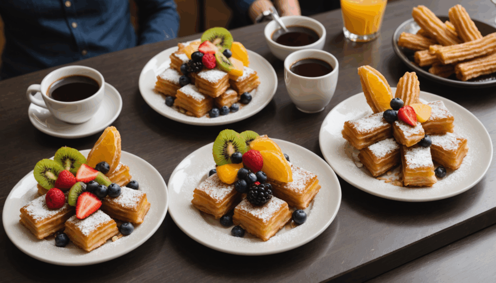 美しい盛り付けのチュロスとカヌチューロのデザートが、フルーツやナッツと共に並ぶ様子。鎌倉グルメの進化系スイーツを楽しむ都市の風景。