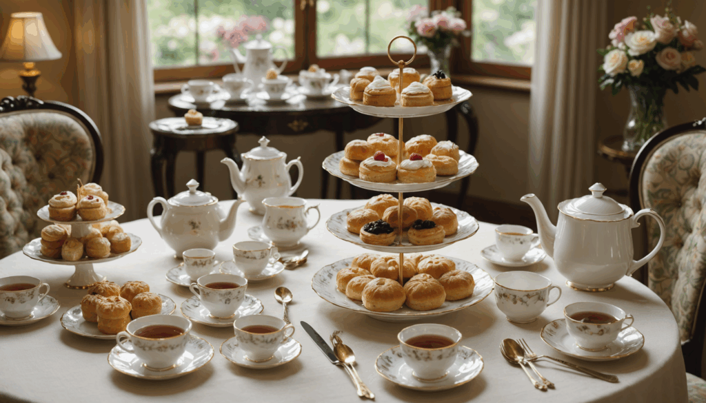 豪華なアフタヌーンティーのセッティングで、スコーンやサンドイッチ、スイーツが盛られたティースタンドが美しい食器に囲まれています。