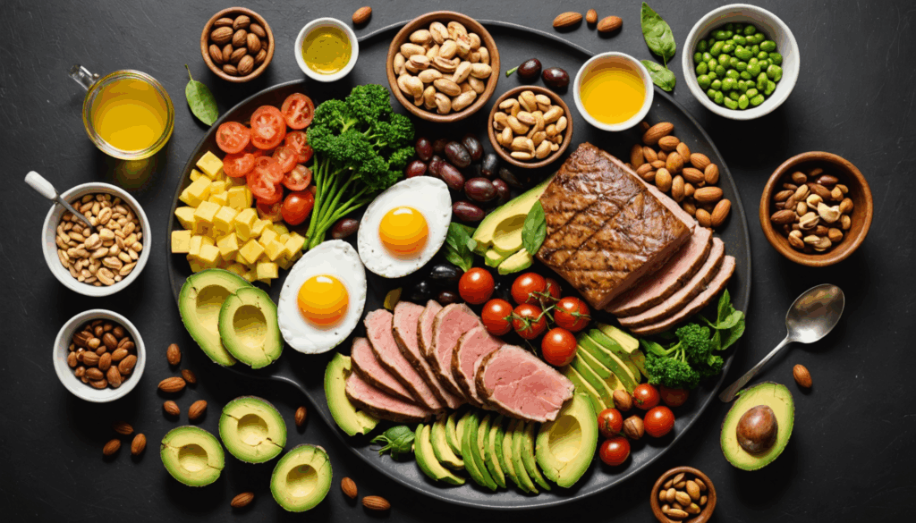 栄養バランスの取れた食事の写真。主菜としてたんぱく質源や副菜の野菜、全粒穀物が彩り豊かに盛り付けられた健康的な料理。