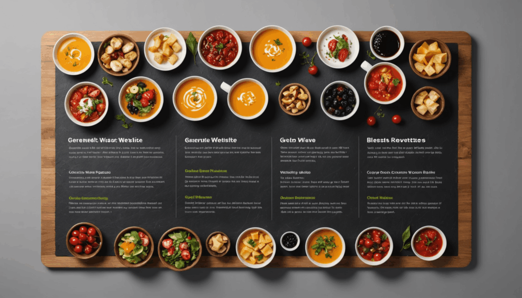 グルメサイトの選び方を示す画像。ユーザー評価や予約機能、情報の豊富さ、サイトの特徴が視覚的に表現されている