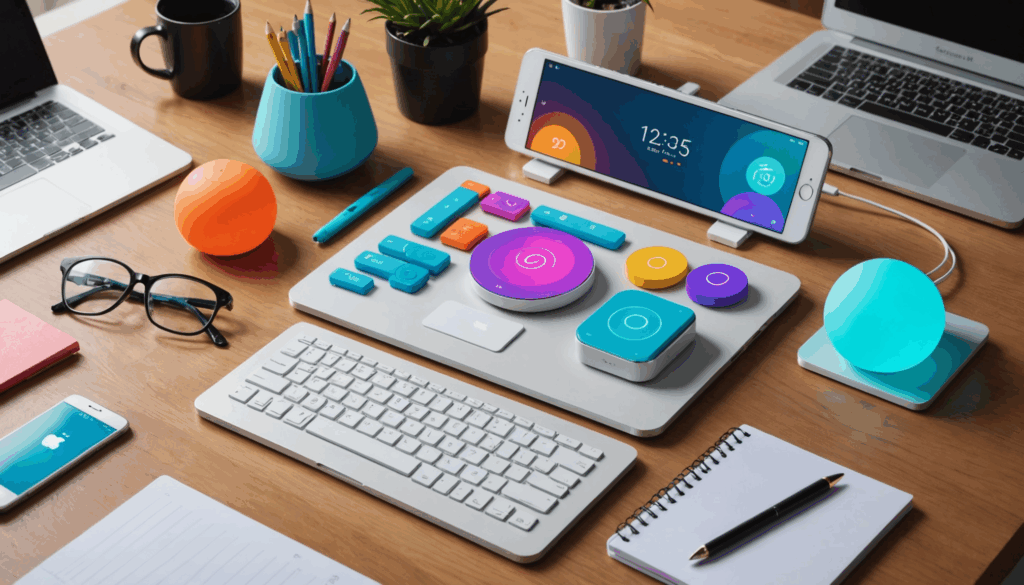 カラフルで面白いガジェットの写真。ストレス解消のためのユニークなデザインが施されたデバイスが、柔らかな光の中で現代的なオフィスデスクに置かれている様子。