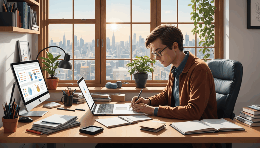 在宅のコージーなオフィスで、副業の選択肢を考える人のイラスト。ライティングツールやクラフト材料、ノートパソコンが描かれている。