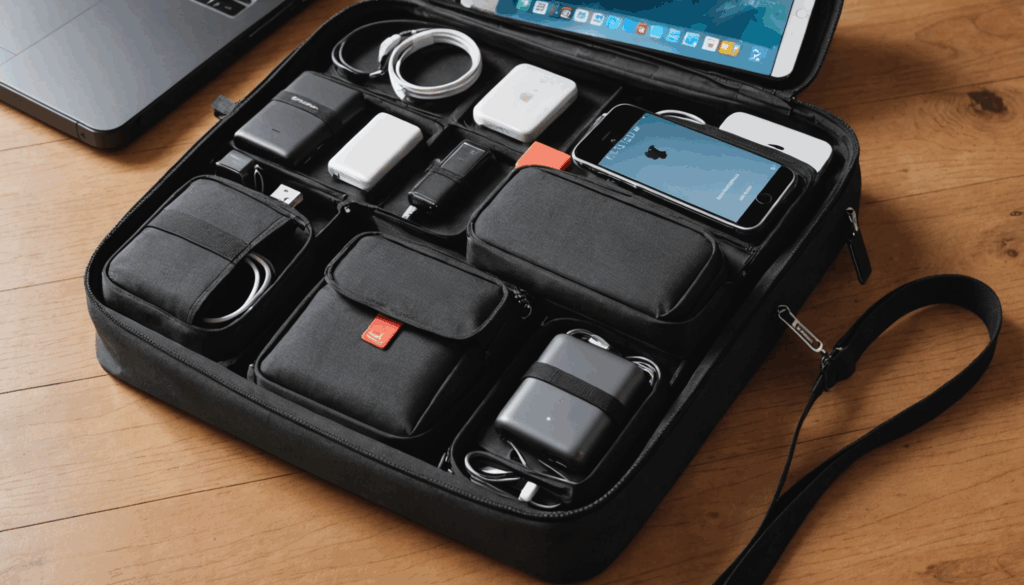 多機能なガジェットポーチの写真。充電器やケーブル、SDカードなどのアクセサリーが整理された内部を見せている。旅行やビジネスに最適なデザイン