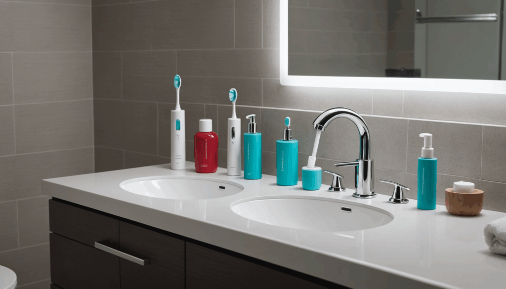 電動歯ブラシが洗面台に並び、洗練されたデザインや機能を見せる明るく清潔な雰囲気の写真。