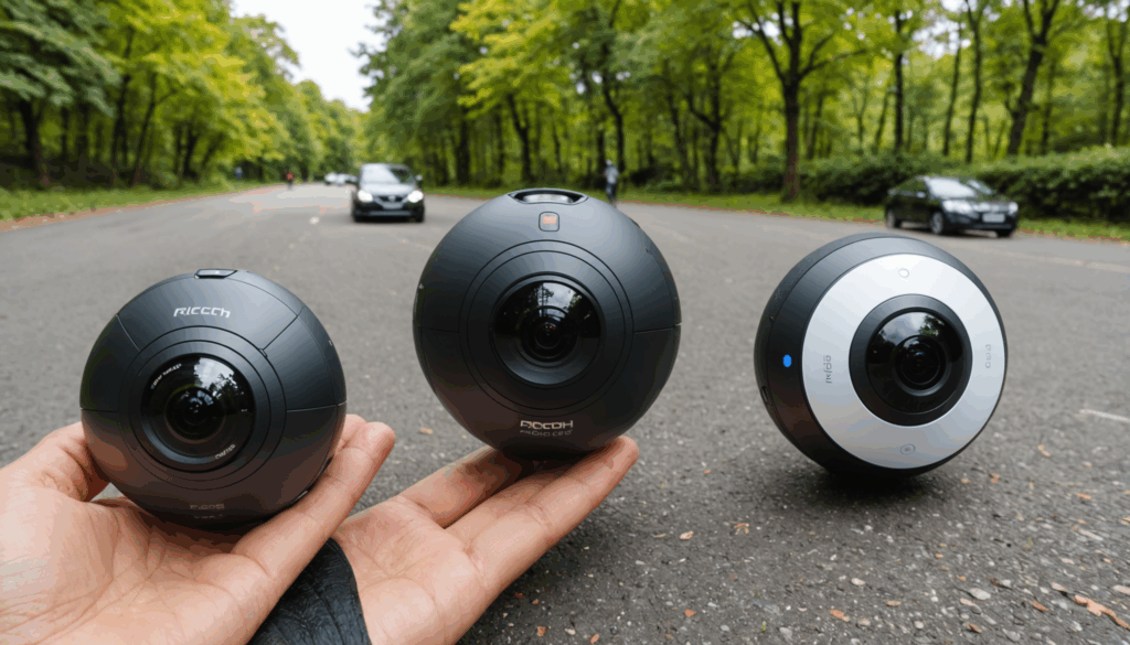 RICOH THETA Z1、Insta360 ONE X2、GoPro MAXの360度カメラが、クリーンな背景に並んでいる写真。高解像度で、手ブレ補正機能などの特徴が際立つ。