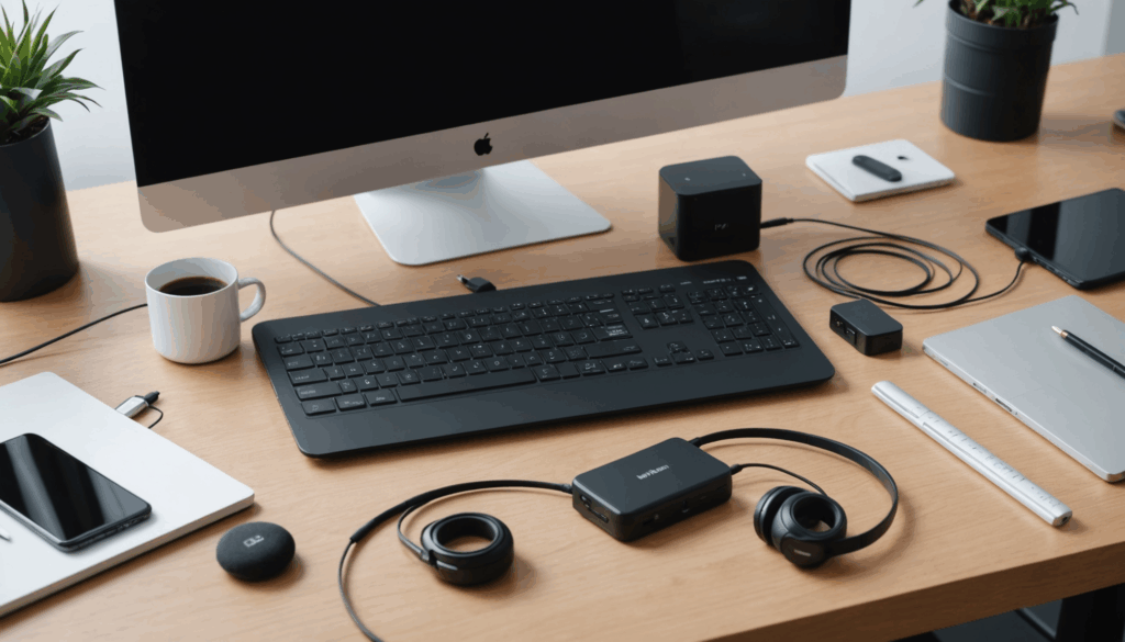 ワイヤレスBluetoothアダプタがさまざまなデバイスに接続されている現代的なワークスペースの写真。高音質のヘッドフォンやスピーカーが使用され、クリーンなデスク上に配置されています。