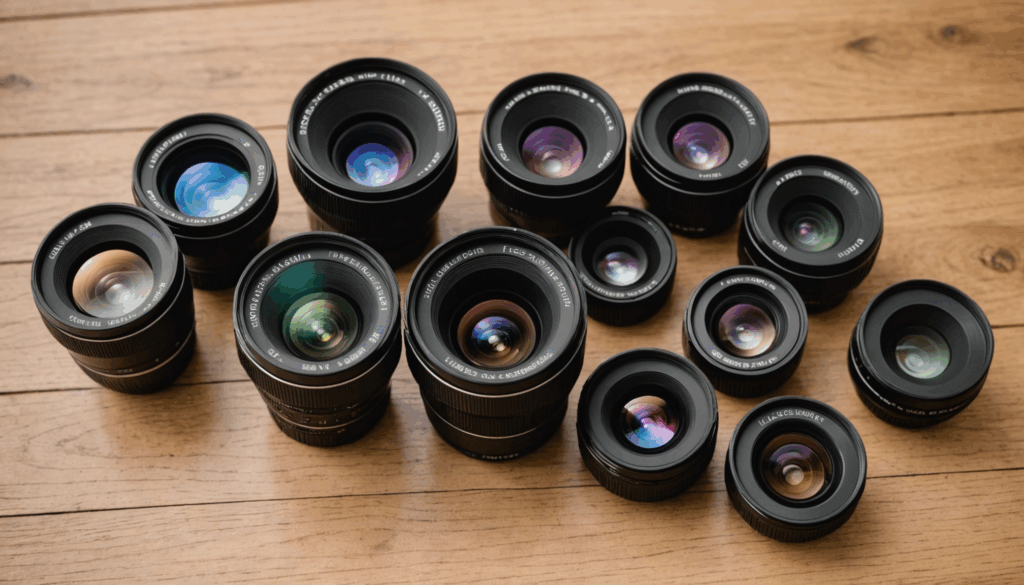 スマホのカメラレンズ（広角、望遠、マクロ、超広角）が木の表面に美しく配置され、自然光の中で撮影された写真。