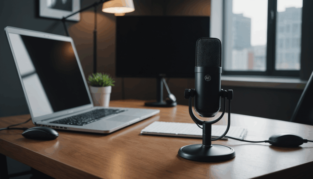 スタイリッシュなデスクに置かれた高音質のPCマイクの写真。USB接続で、クリアな音質を提供するおすすめのスタンドマイク