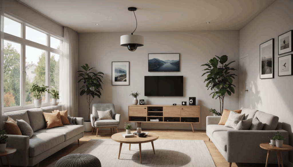 居心地の良いリビングルームに設置された見守りカメラの写真。家族の写真や植物が背景にあり、安心感と温かみを感じさせる雰囲気。