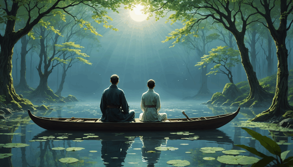 前世療法の効果を象徴する、穏やかで内省的な風景の写真。自分自身の気づきと癒しを表現する要素が含まれています。