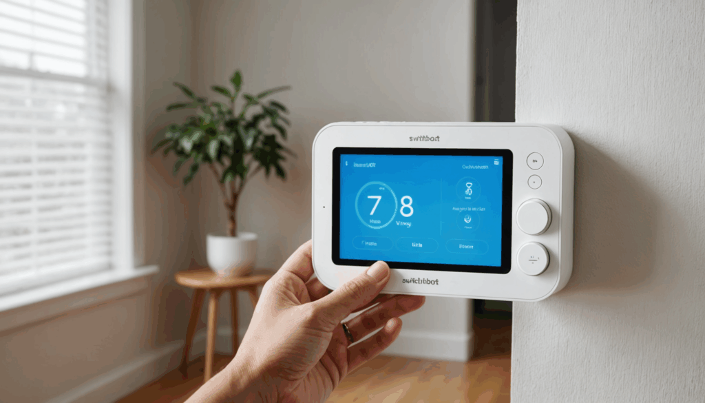 スマートホームの写真。SwitchBotデバイスを使って、リモコンで操作する自動カーテンやスマート加湿器がある現代的なリビングの様子。