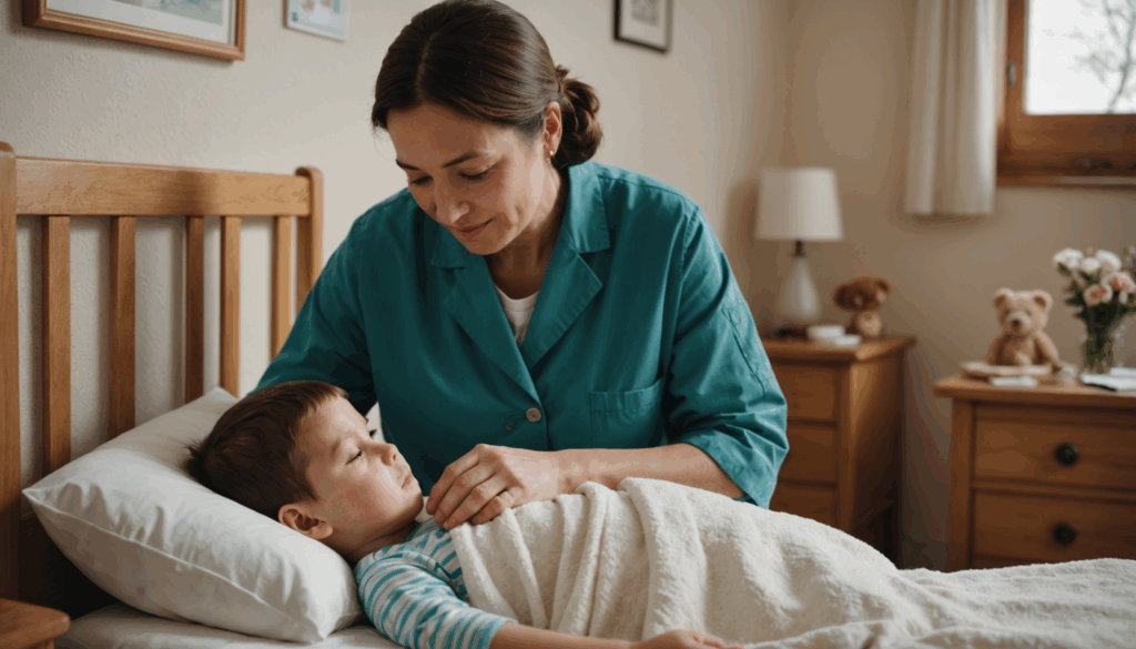 病児保育を受けるお子さまを見守るベビーシッターの写真。体調不良のお子さまを優しくサポートする様子が描かれています。