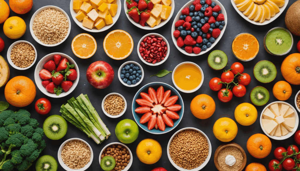 色とりどりの健康的な食材がテーブルに並べられ、バランスの取れた食事が強調されています。健康習慣や生活習慣の一環として、運動や睡眠とともに重要です