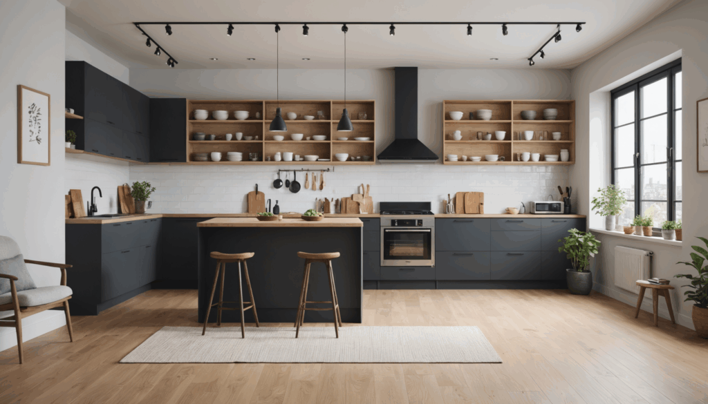 ミニマリストの生活空間の写真。整理されたキッチンや厳選された衣類が並び、不要な物がなく、ストレスのない落ち着いた雰囲気が広がっている様子