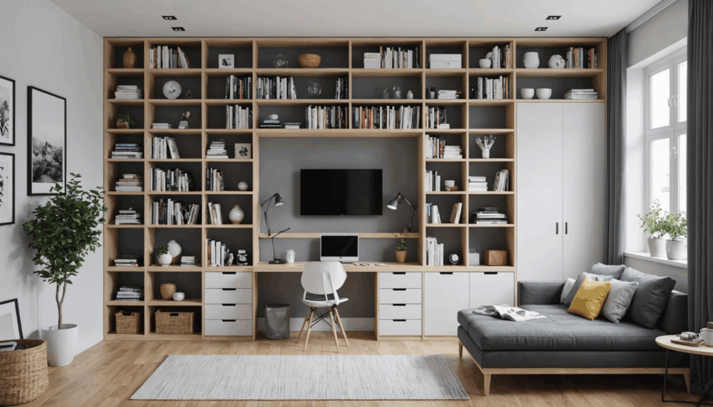 小さな賃貸の部屋での効率的な収納アイデアを紹介し、デッドスペースや多機能家具を使った使いやすい収納グッズを提案する写真。